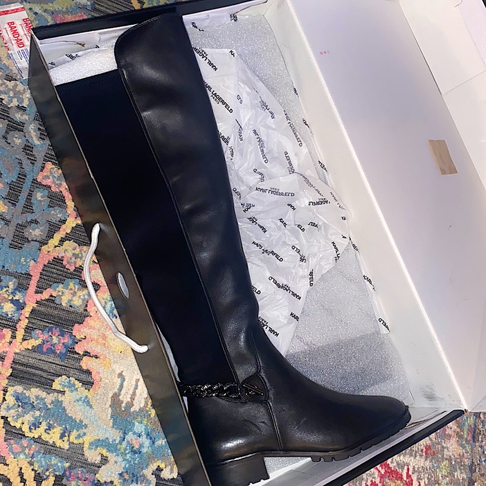 New in box, Karl Lagerfeld Paris size 6.5 Shay Black Soft Calf boots.